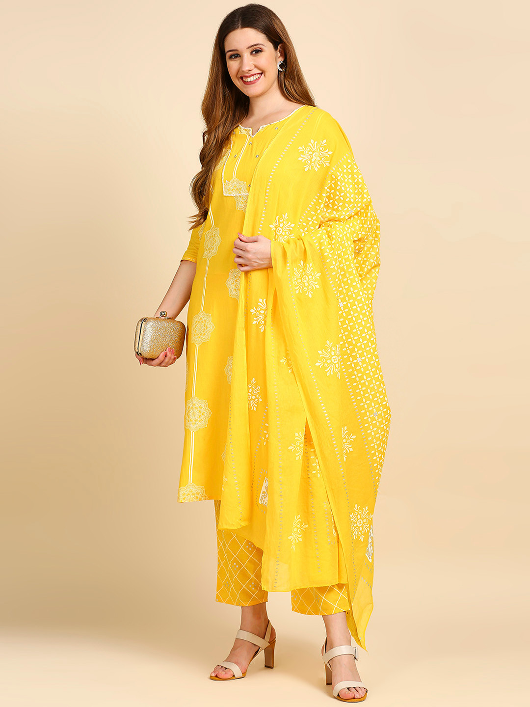 

Anubhutee Women Yellow Ethnic Motifs Printed Sequinned Pure Cotton Kurta with Trousers & With Dupatta