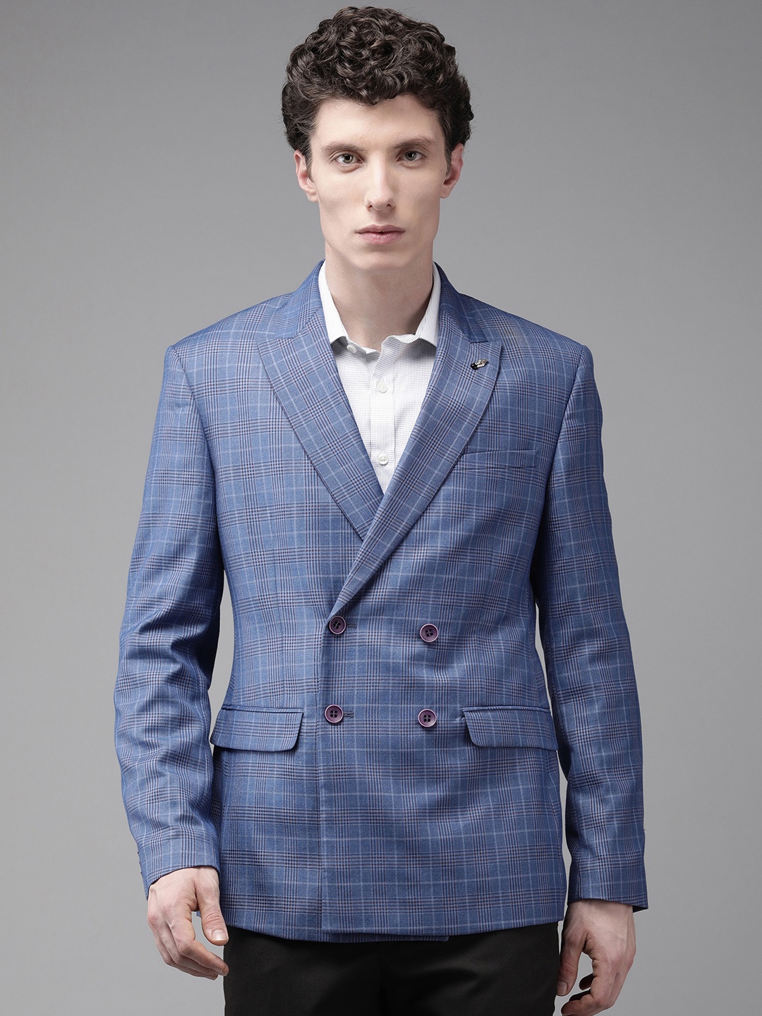 

Park Avenue Men Blue Checkered Slim-Fit Double-Breasted Formal Blazer