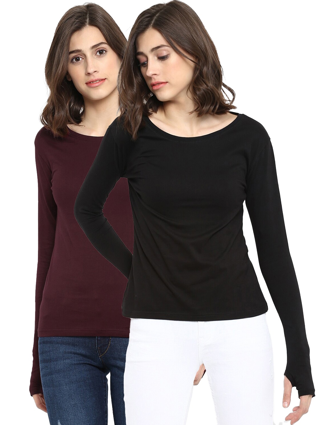 

appulse Women Pack Of 2 Black & Maroon Slim Fit T-shirts