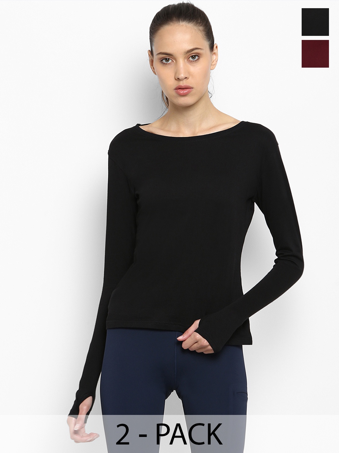 

appulse Women Pack of 2 Drop-Shoulder Sleeves Slim Fit T-shirt, Black