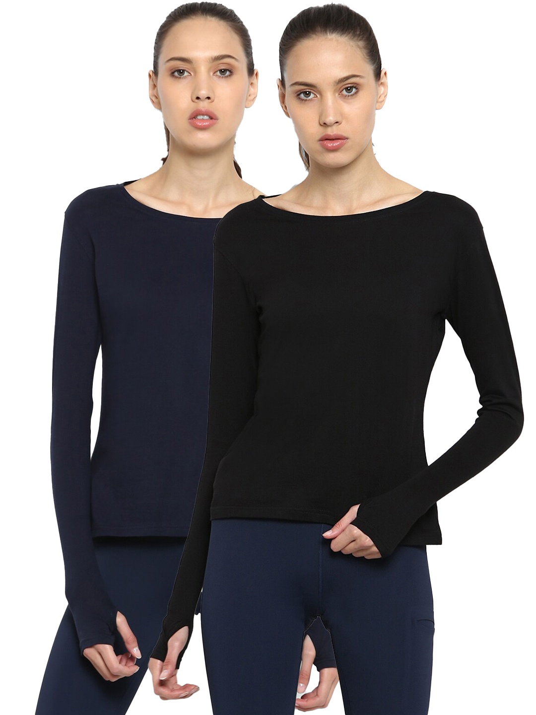 

appulse Women Navy Blue and Black Pack of 2 Slim Fit T-shirt