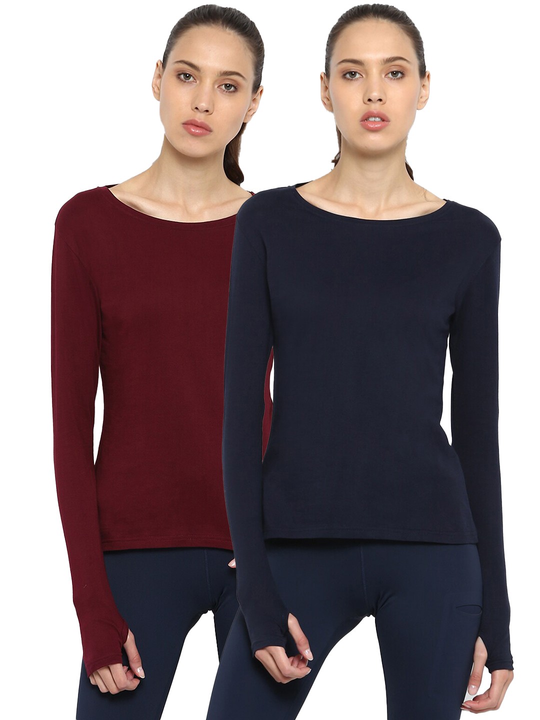 

appulse Women Pack Of 2 Navy Blue & Maroon Slim Fit T-shirts