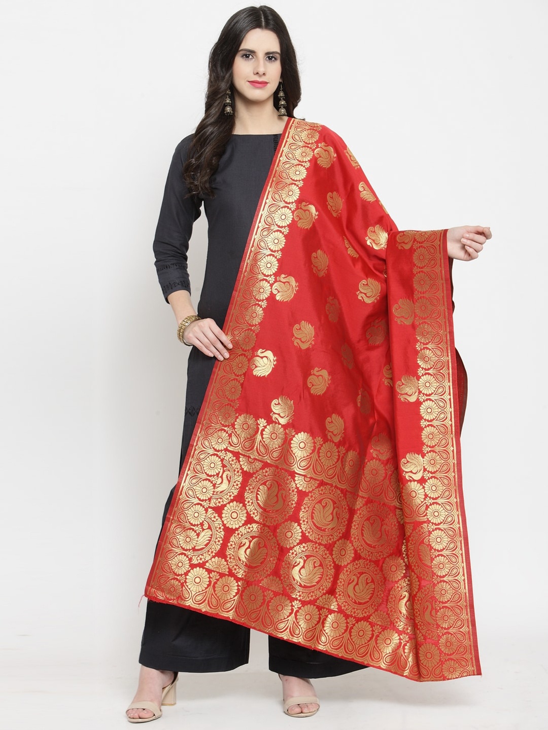 

mf Red & Gold-Toned Ethnic Motifs Woven Design Art Silk Dupatta with Zari
