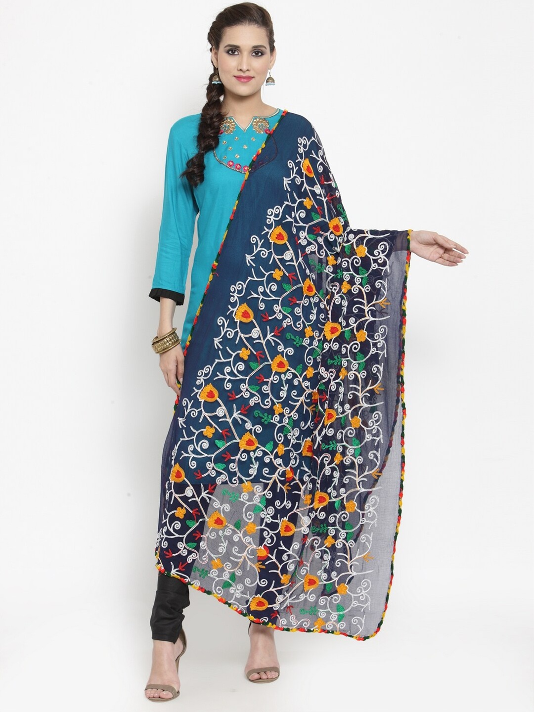 

mf Navy Blue & White Ethnic Motifs Embroidered Dupatta with Phulkari