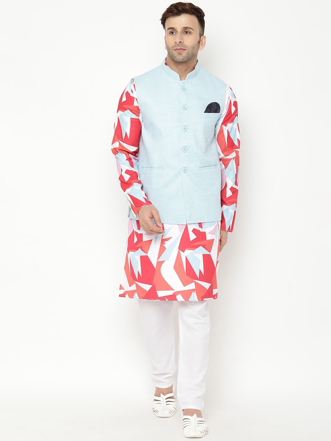 

Hangup Men Red Printed Kurta with Pyjamas with Nehru Jacket