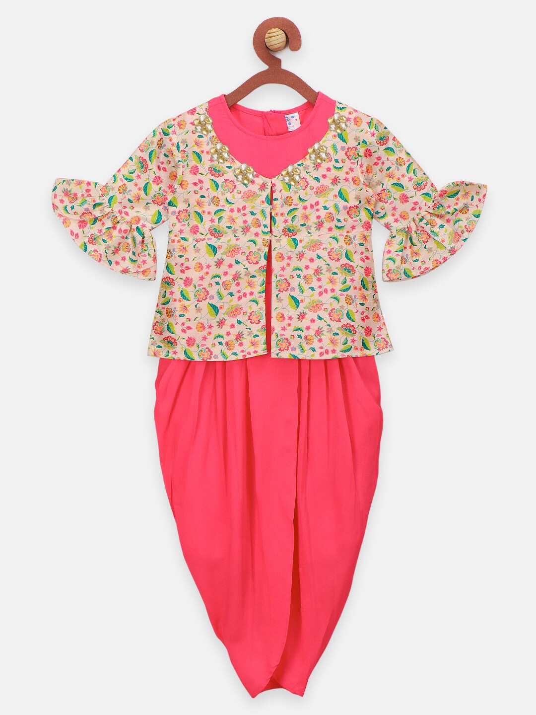 

LilPicks Girls Pink Basic Jumpsuit With Floral Jacket