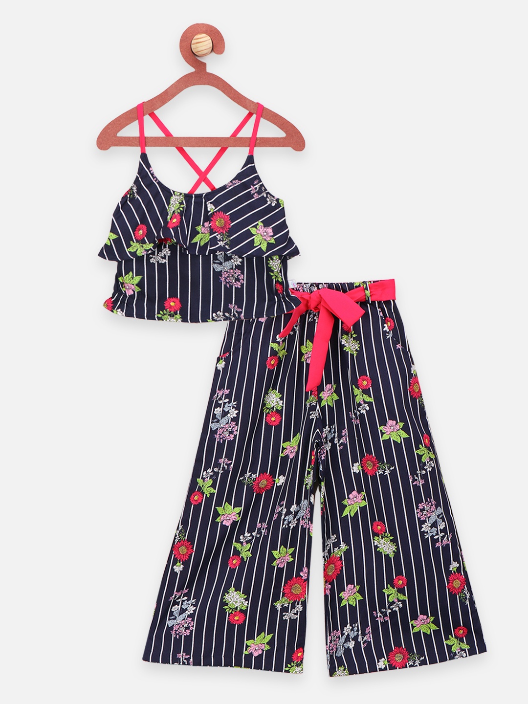 

LilPicks Girls Navy Blue & Red Striped Top with Palazzos