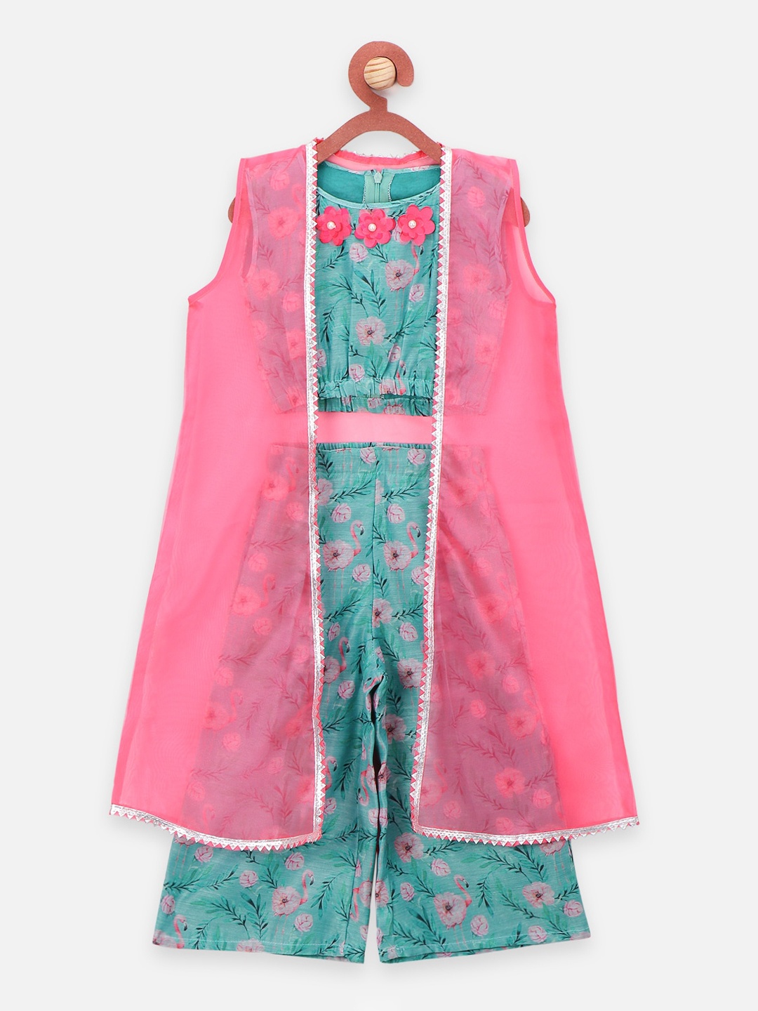 

LilPicks Girls Sea Green Floral Printed Layered Top with Palazzos & Jacket