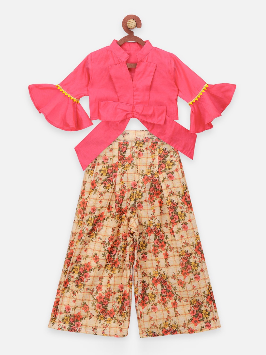 

LilPicks Girls Pink & Yellow Floral Printed Pleated Kurta with Palazzos