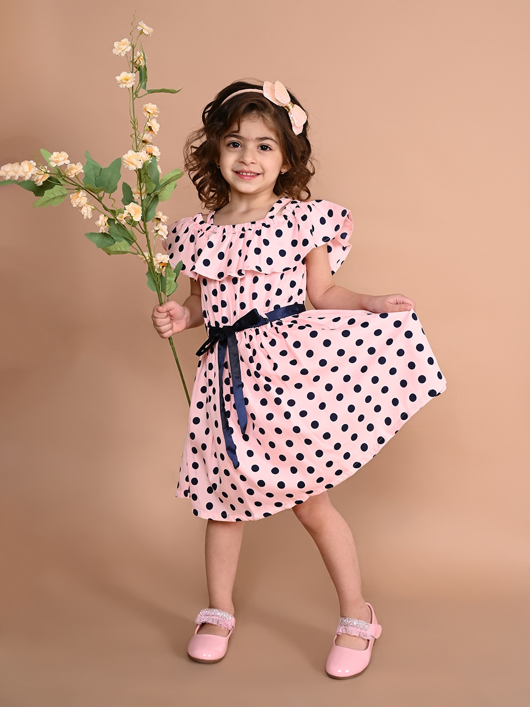 

LilPicks Peach-Coloured Polka Dots Off Shoulder Dress