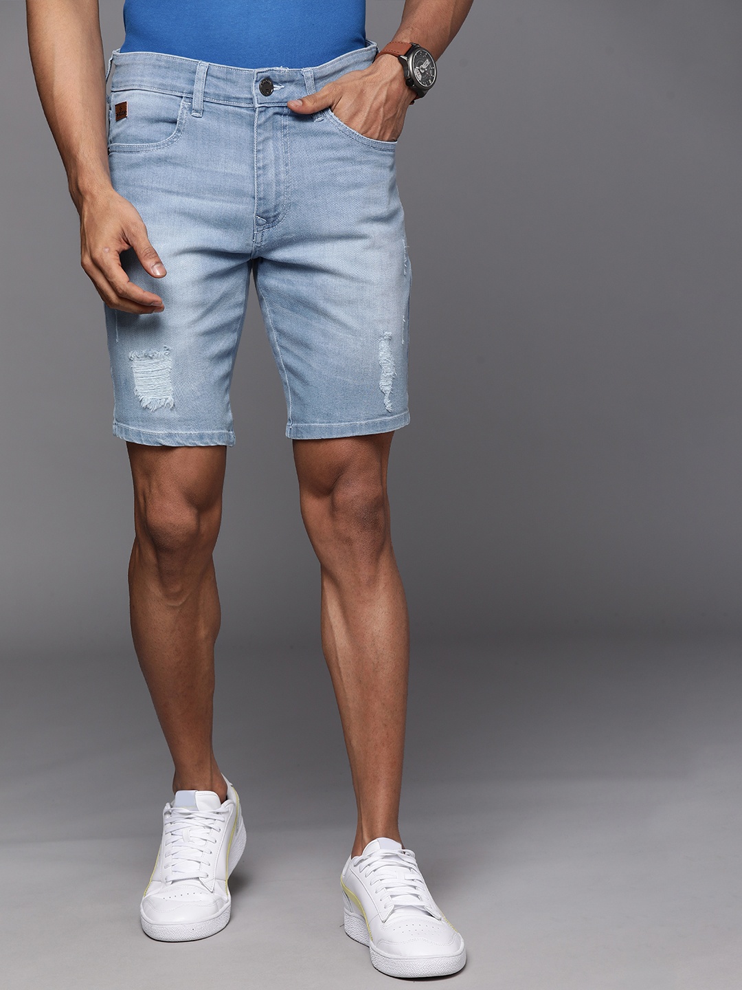 

WROGN Men Blue Washed Slim Fit Mid-Rise Denim Shorts