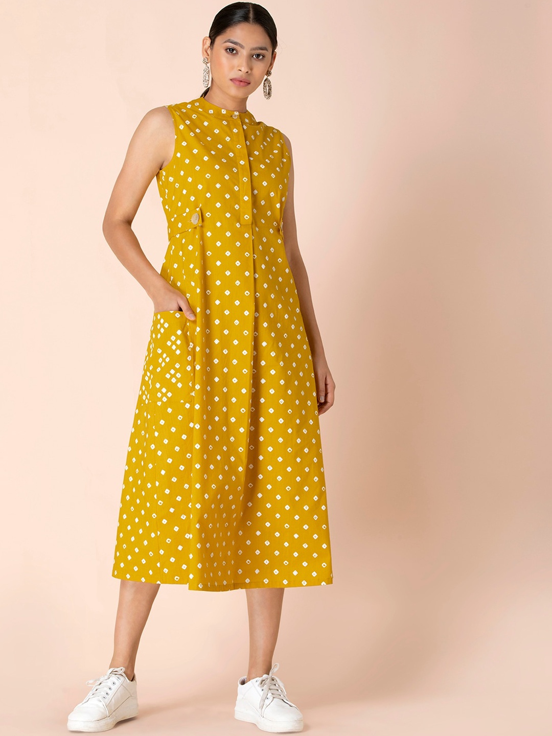 

Earthen BY INDYA Mustard Bandhani Printed Mandarin Collar A-Line Dress