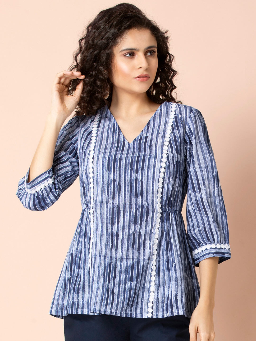 

Earthen BY INDYA Blue Striped Lacy Elasticated Top