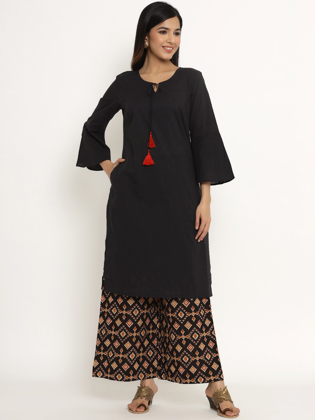 

Sangria Women Black & Beige Pure Cotton Kurta with Palazzos