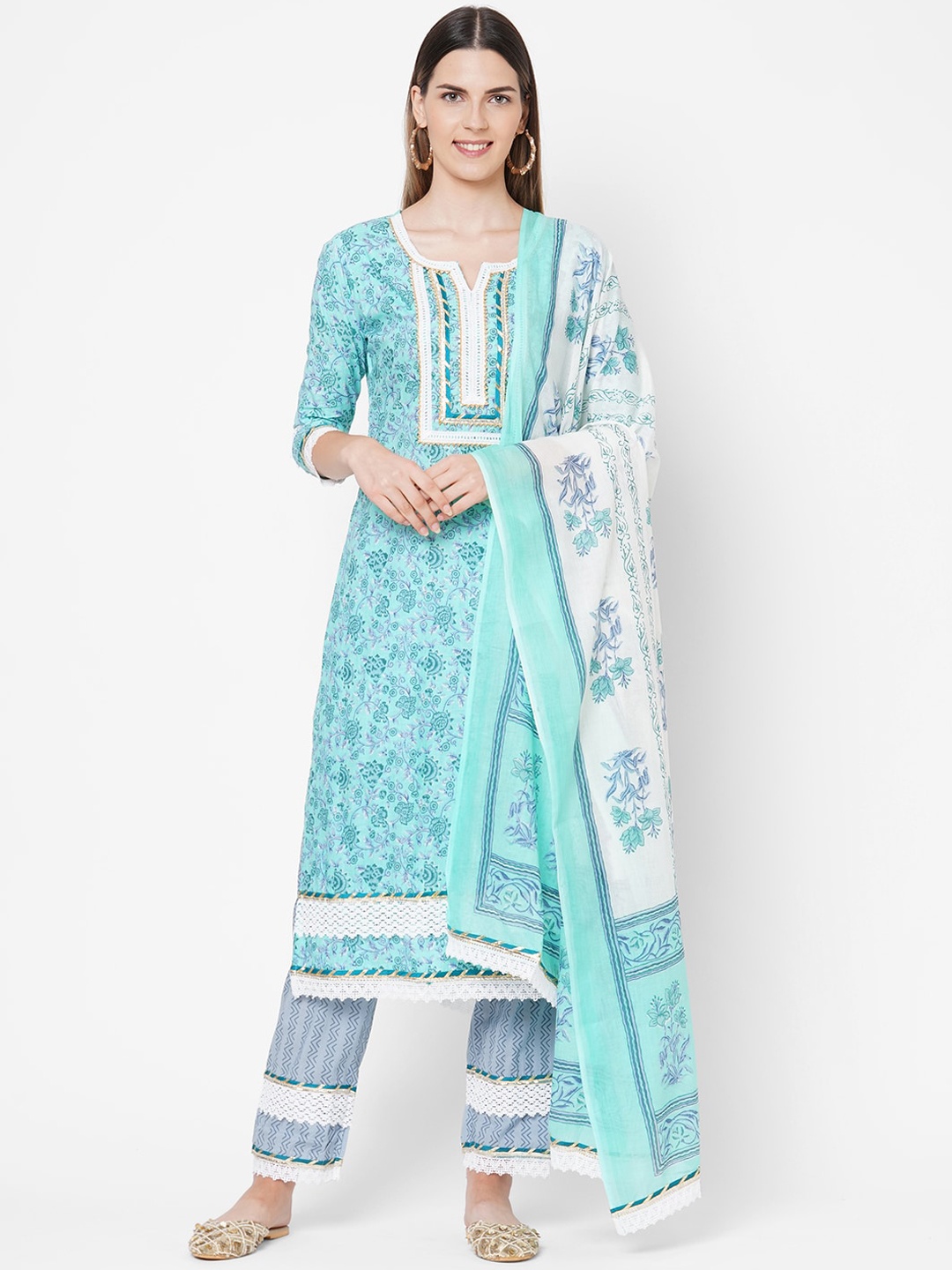 

FASHOR Women Turquoise Blue Printed Pure Cotton Kurta with Trousers & Dupatta
