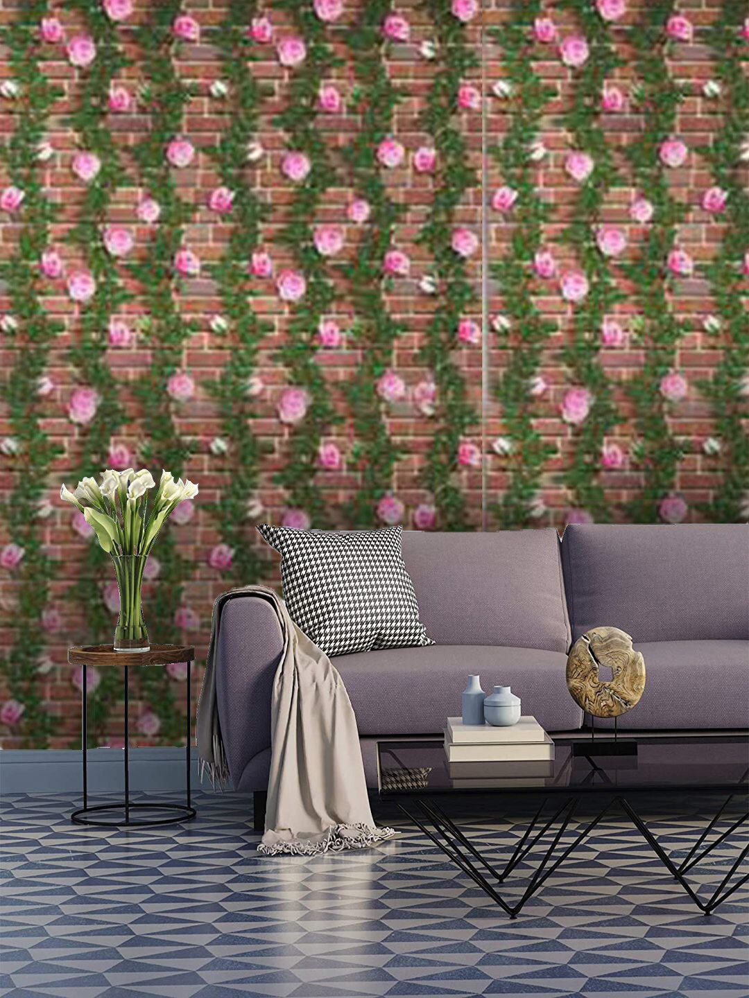 

Jaamso Royals Brown & Pink Self-adhesive & Waterproof Brick With Flowers Wallpaper