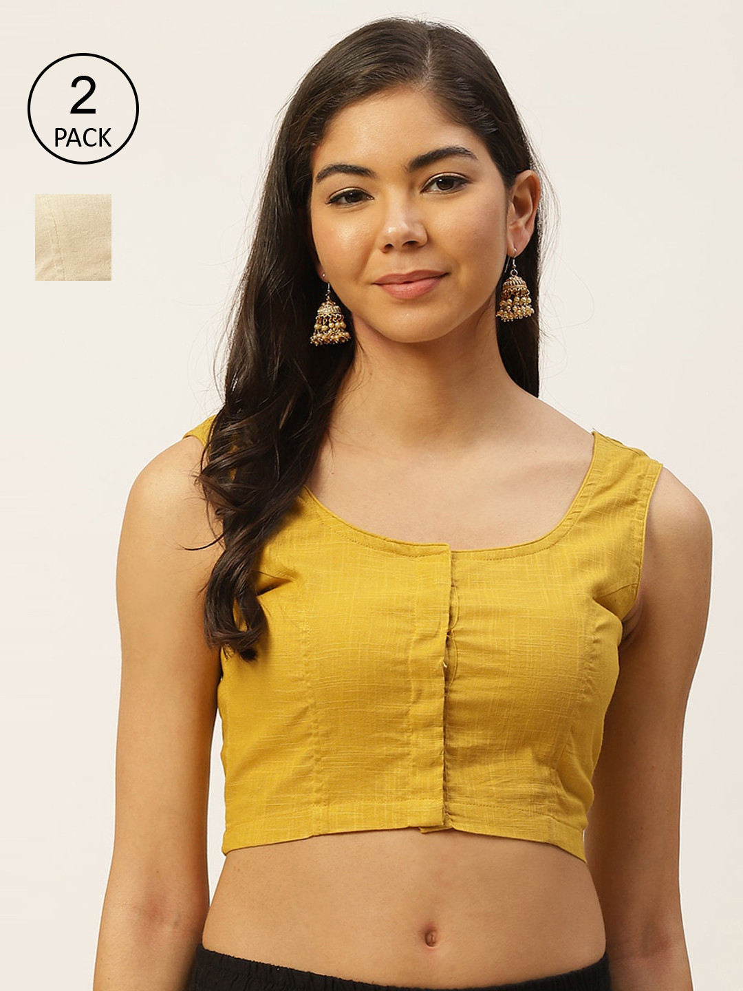 

Molcha Women Pack Of 2 Solid Pure Cotton Saree Blouses, Off white