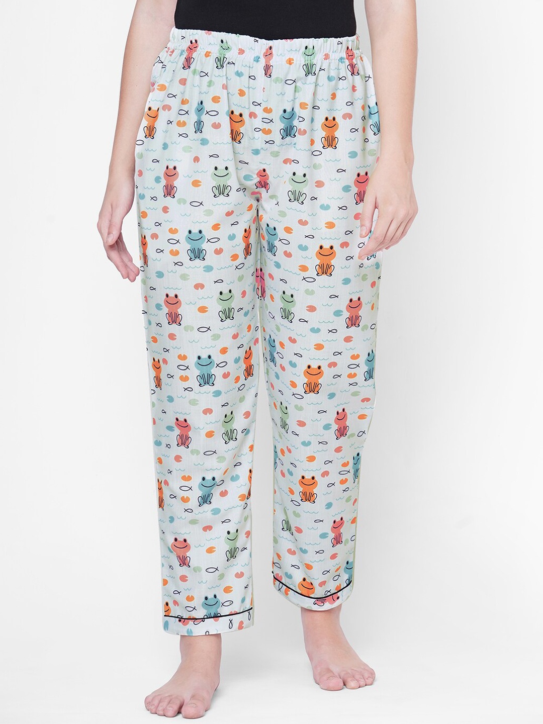 

FashionRack Women White Frog Printed Cotton Lounge Pants
