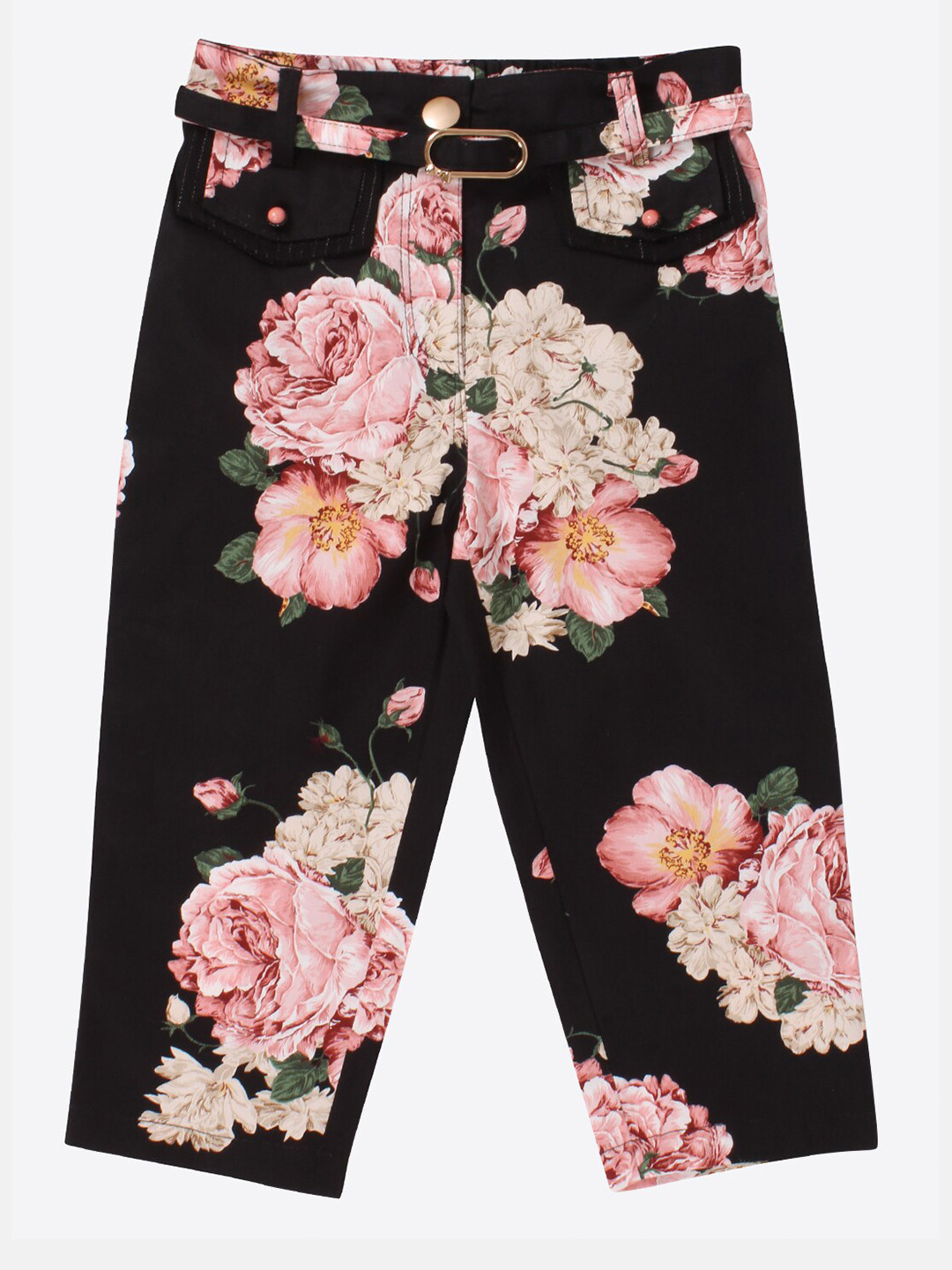 

CUTECUMBER Girls Black & Pink Floral Printed Capris
