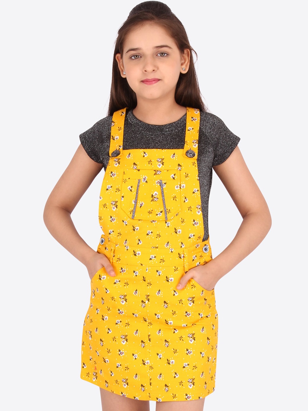 

CUTECUMBER Girls Yellow & White Floral Printed Jacquard Pinafore Dress With Lurex Top