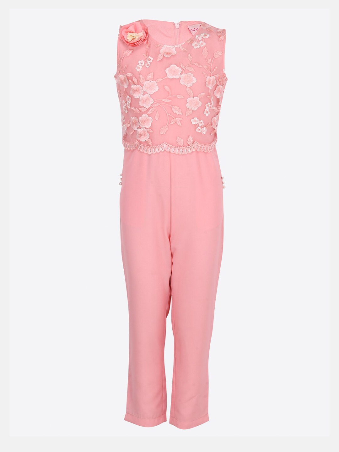 

CUTECUMBER Girls Pink Embroidered Jumpsuit with Applique Detail