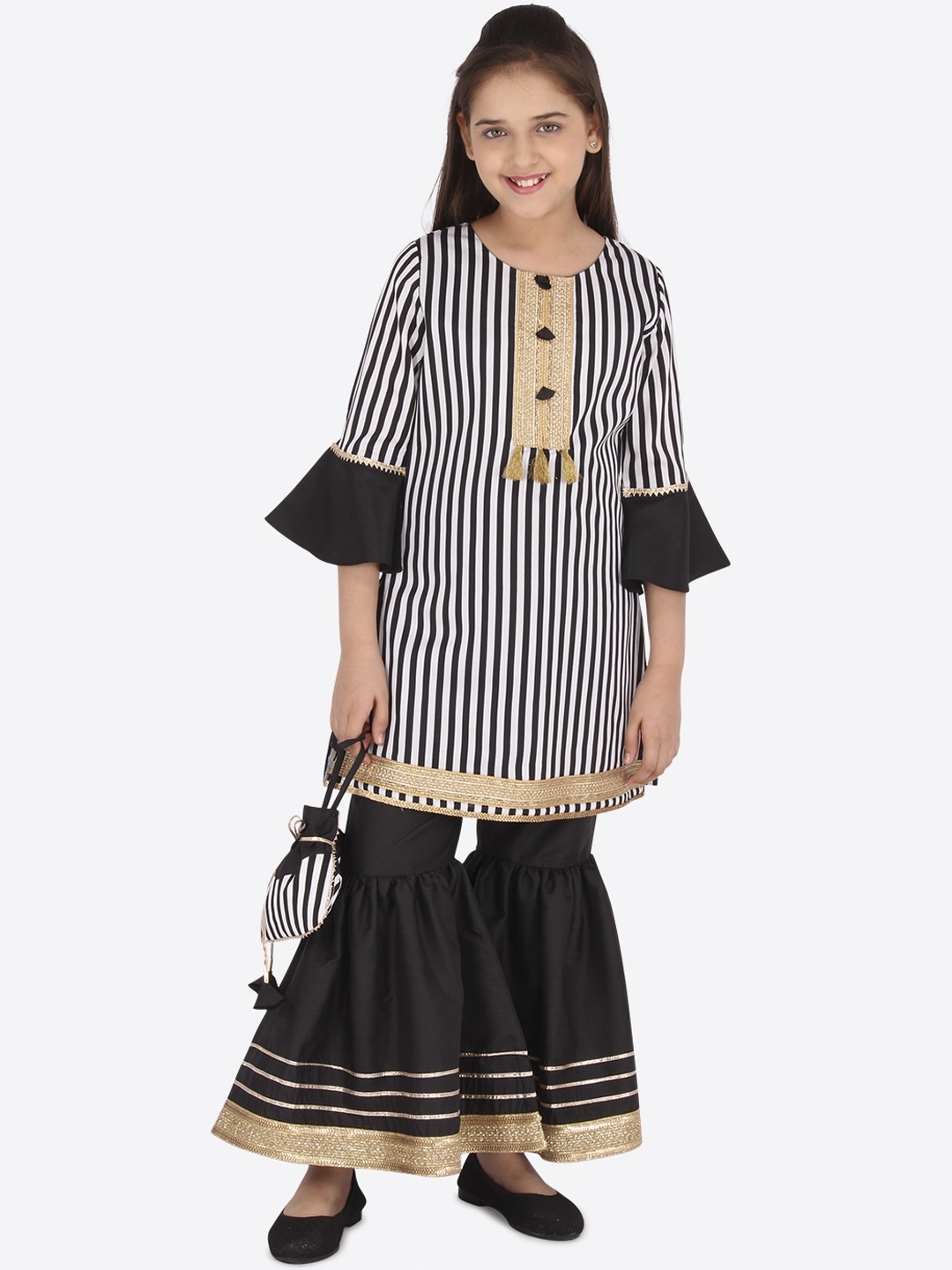 

CUTECUMBER Girls Black Striped Kurti with Sharara