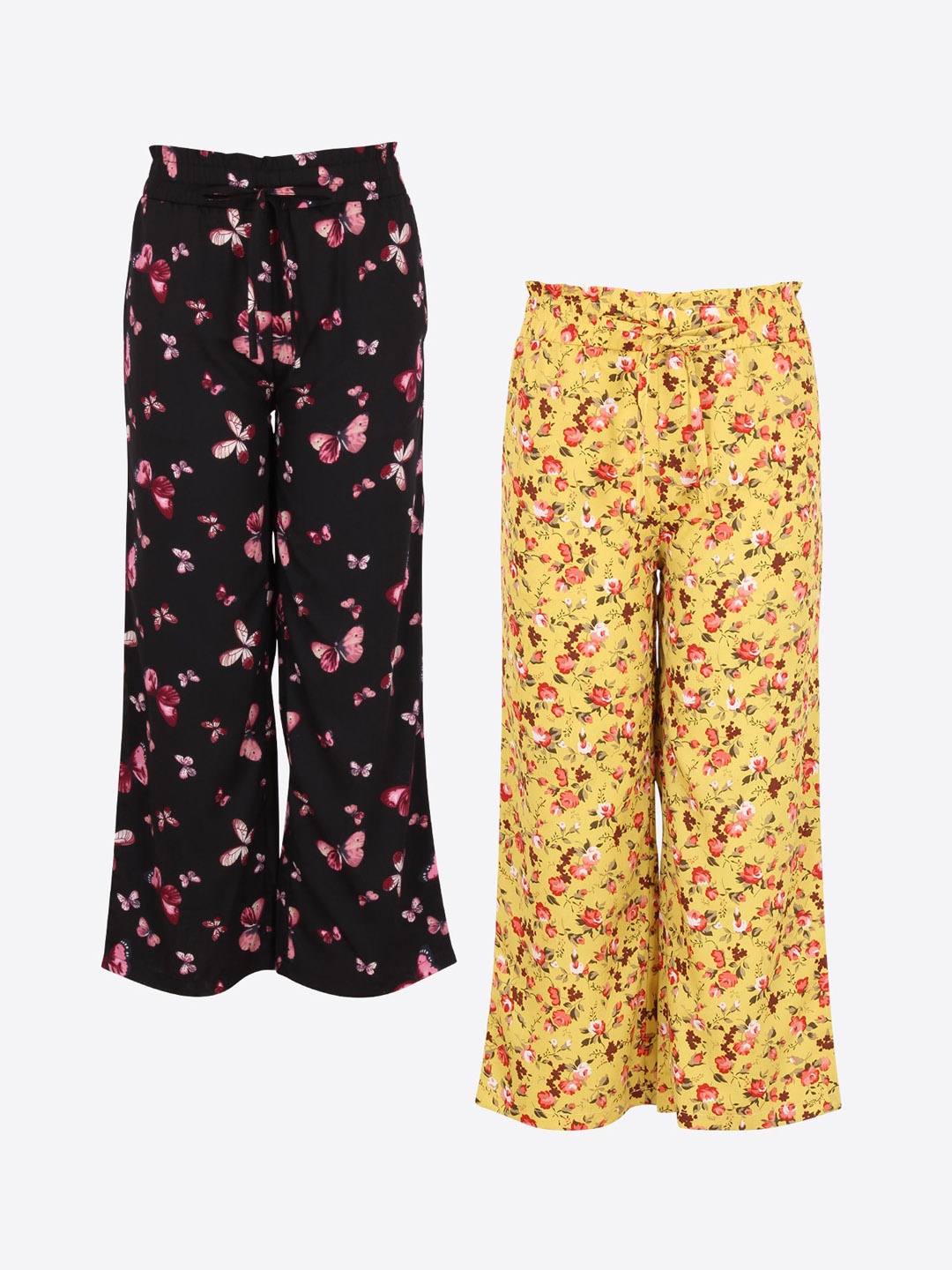 

CUTECUMBER Girls Yellow & Black Pack of 2 Floral Printed Culottes Trousers