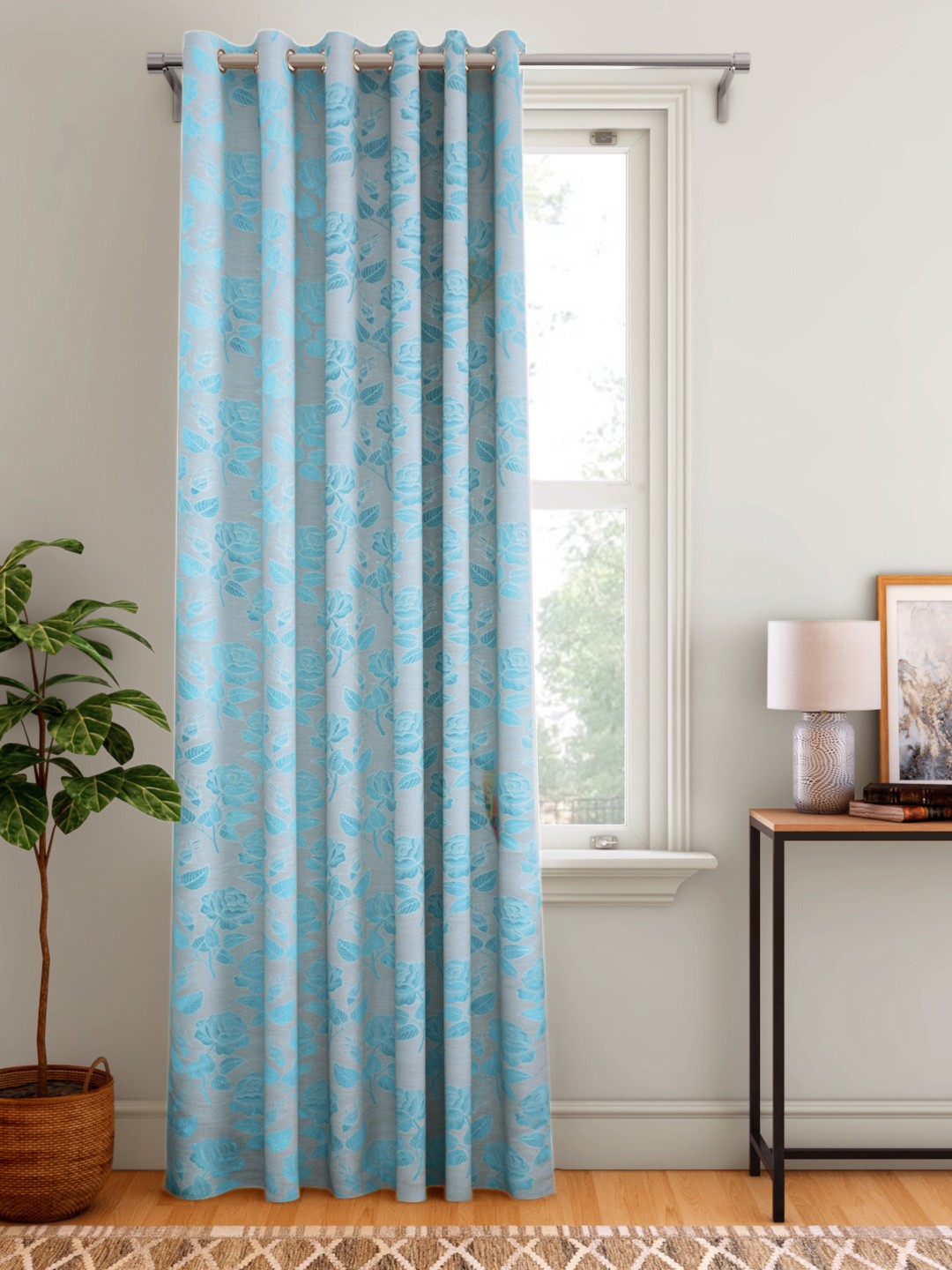 

Aura Blue Floral Patterned Door Curtain