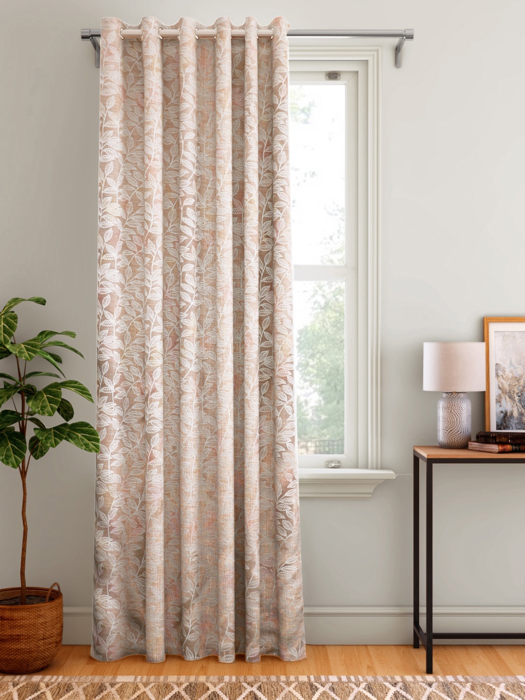 

Aura Beige & White Leafy Patterned Single Door Curtain