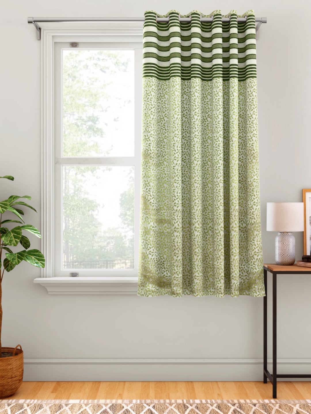 

Aura White & Olive Green Floral Patterned Window Curtain