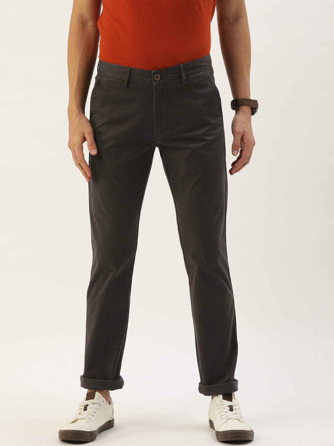 

Peter England Casuals Men Olive Solid Super Slim Fit Trousers