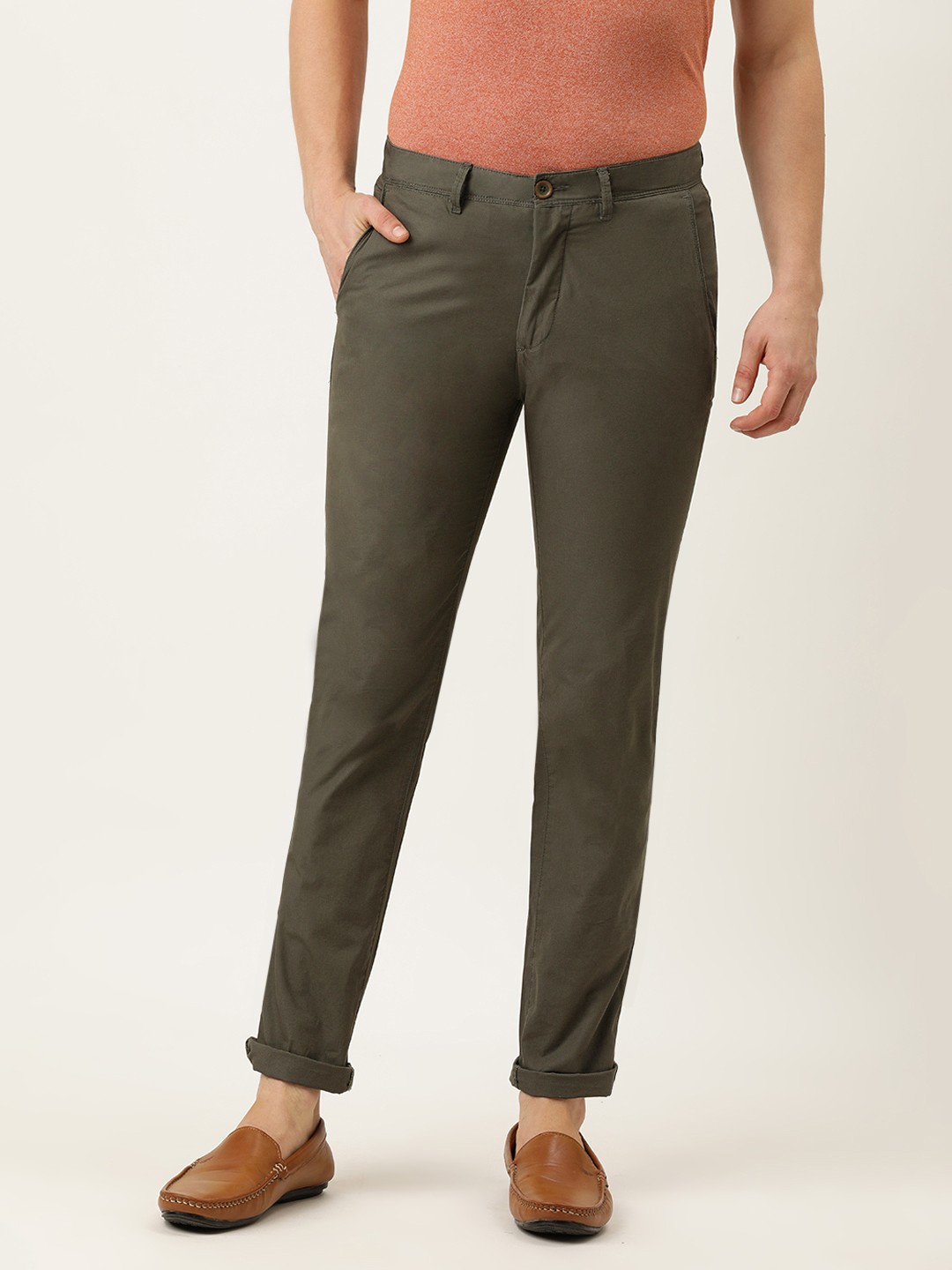

Peter England Casuals Men Olive Solid Super Slim Fit Trousers