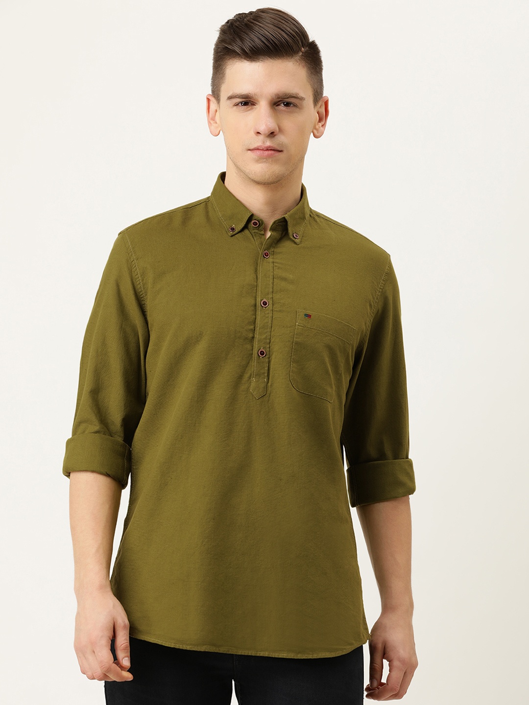 

Peter England Casuals Men Olive Green Slim Fit Opaque Antibacterial Casual Shirt