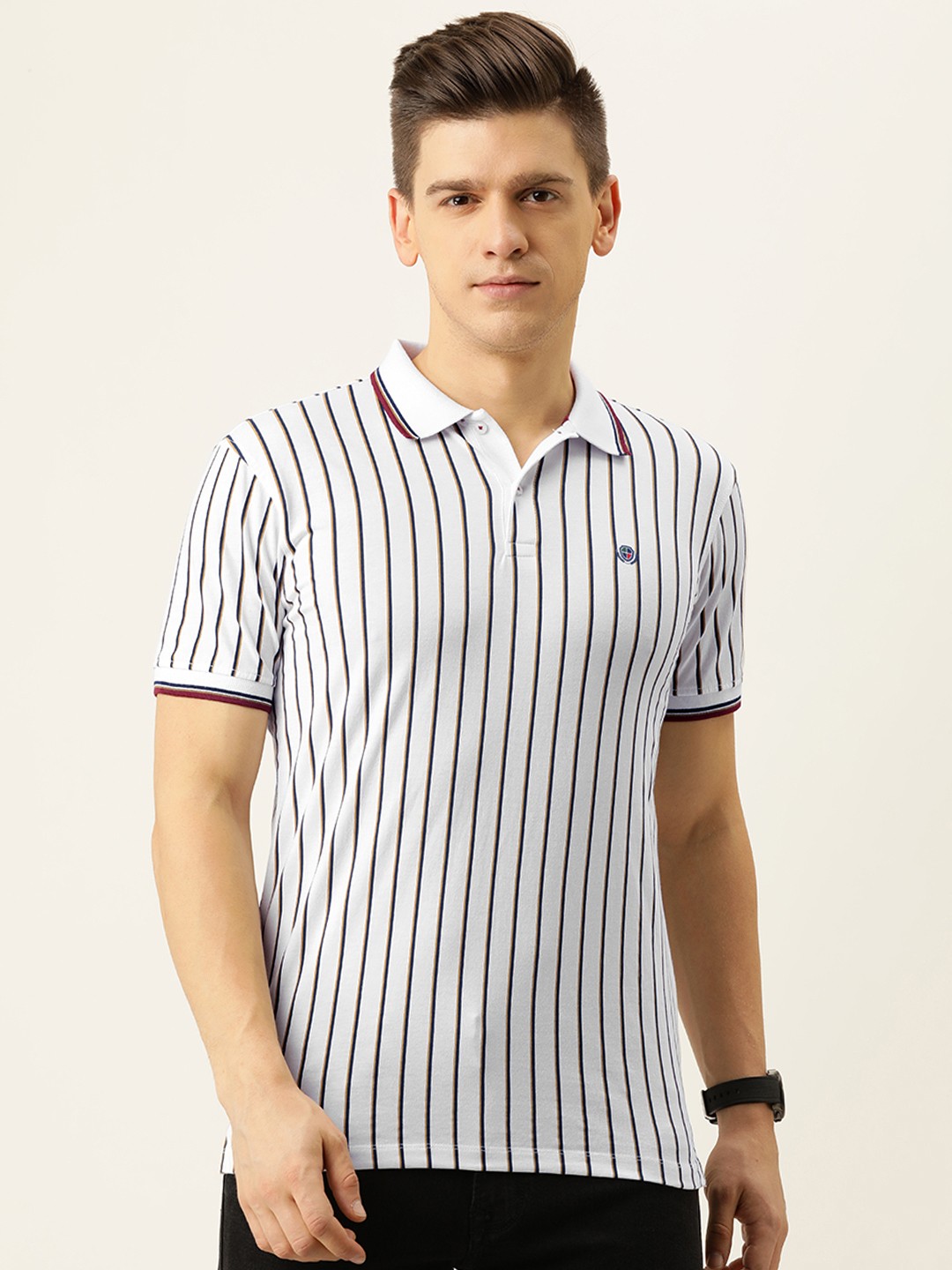 

PETER ENGLAND UNIVERSITY Men White & Navy Blue Striped Polo Collar Slim Fit T-shirt