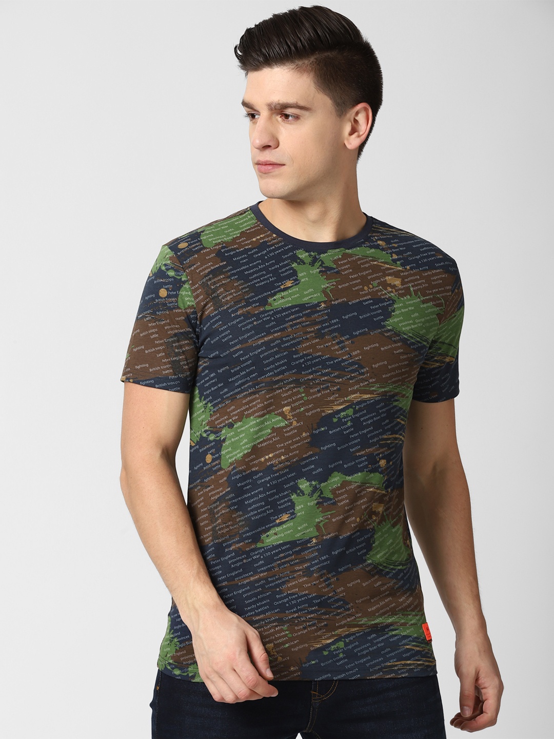

Peter England Casuals Men Navy Blue & Olive Green Printed T-shirt