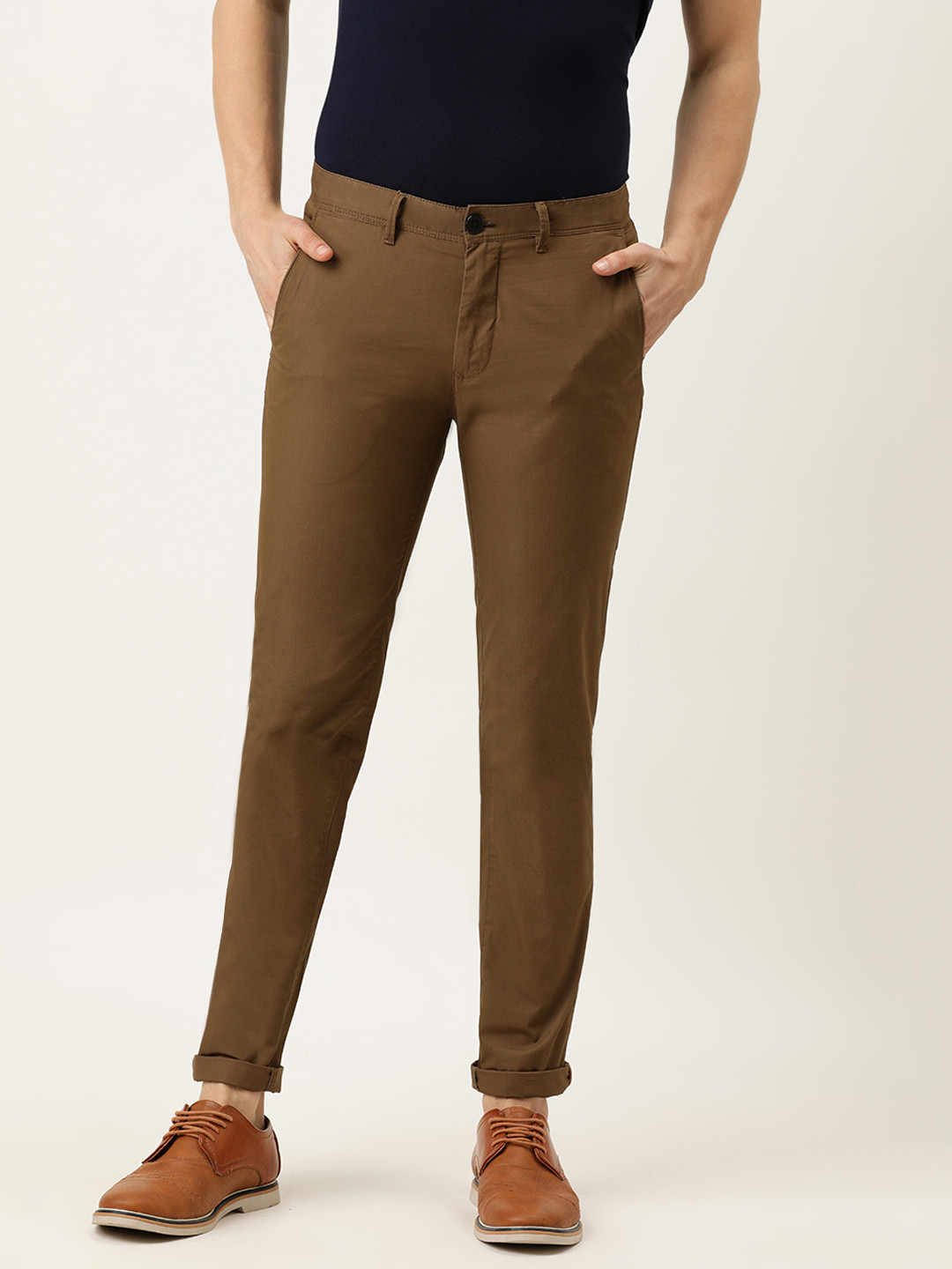 

Peter England Casuals Men Brown Solid Super Slim Fit Trousers