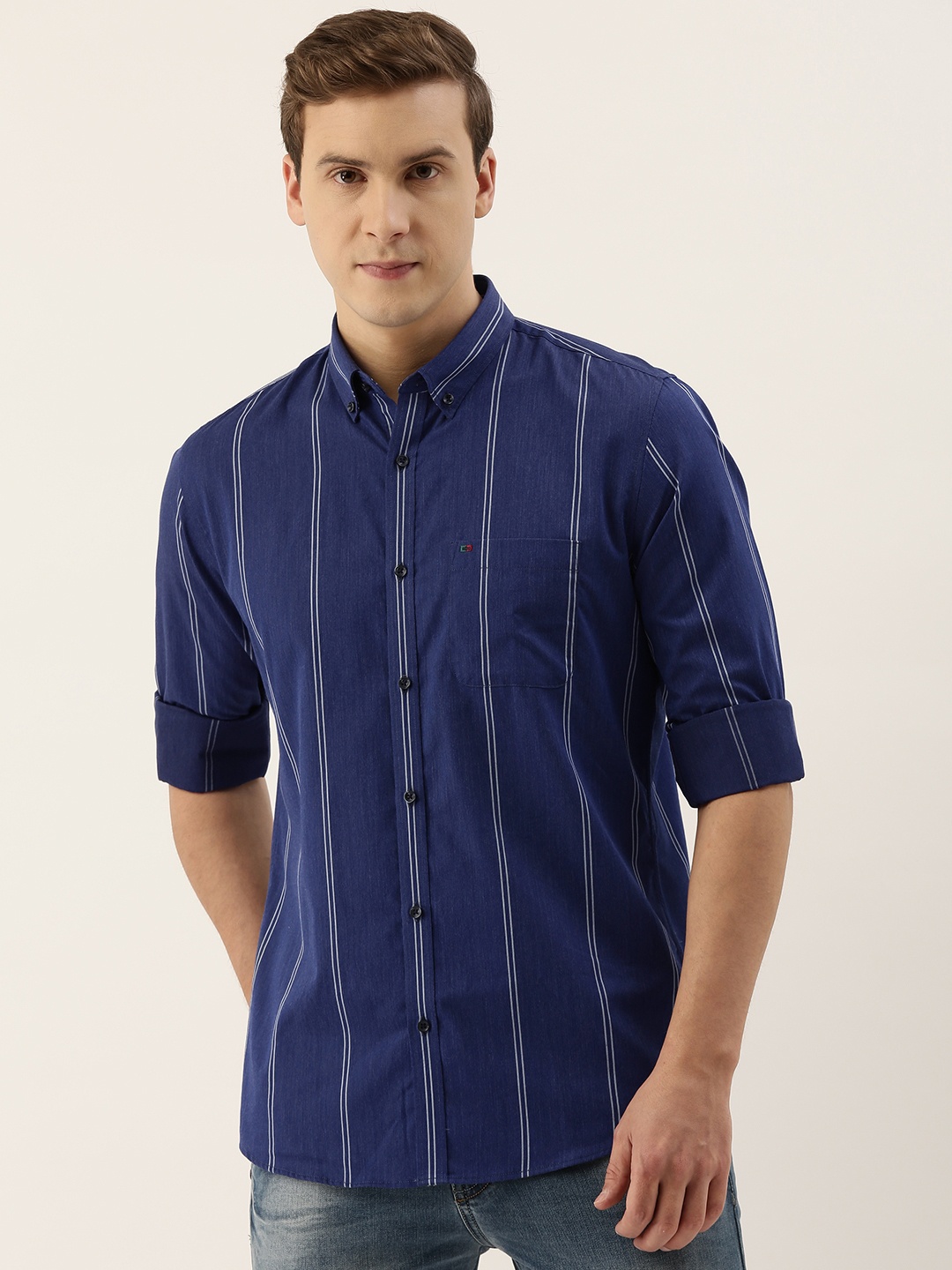 

Peter England Casuals Men Navy Blue & White Striped Slim Fit Casual Shirt