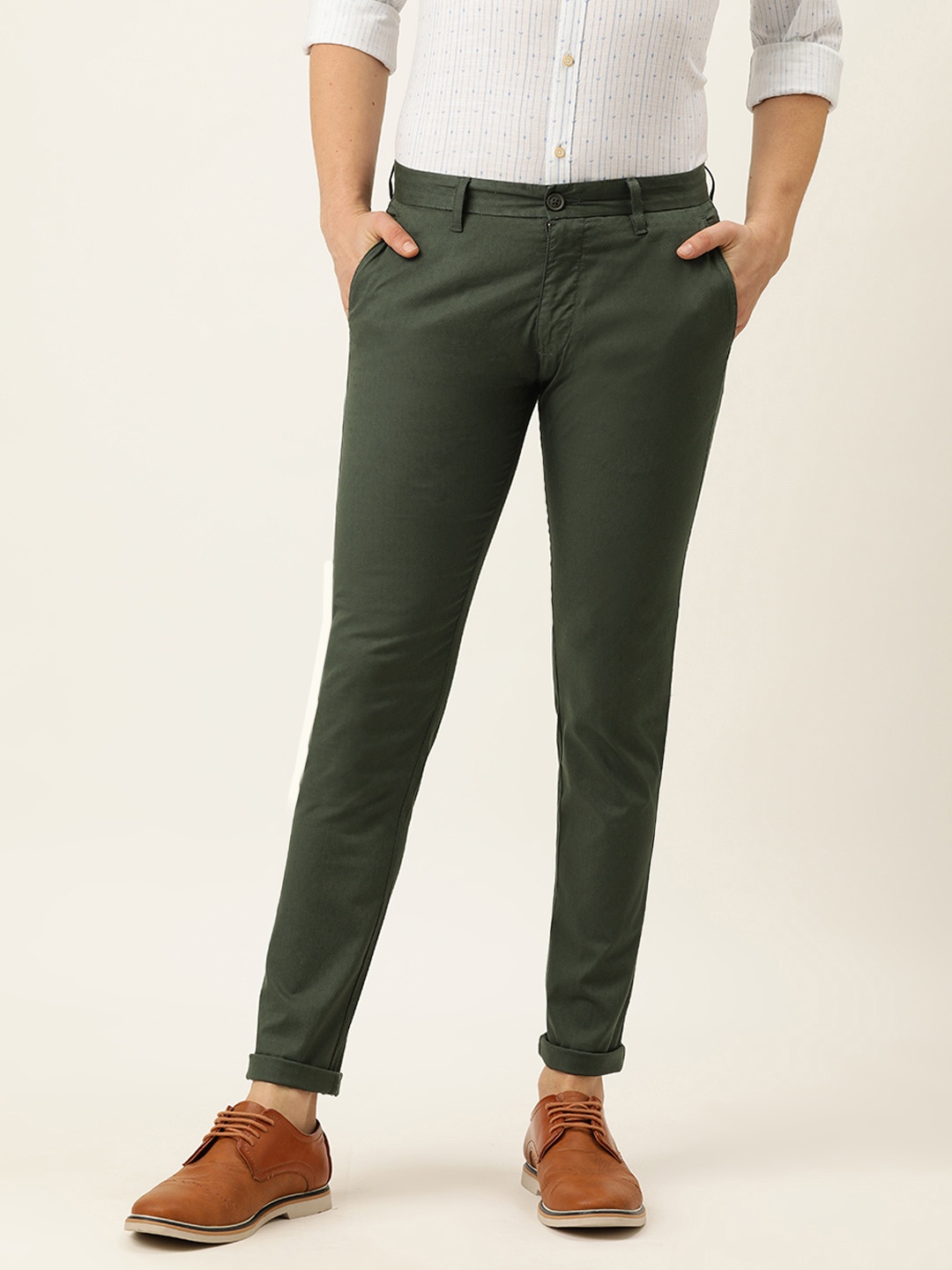 

Peter England Casuals Men Olive Green Textured Skinny Fit Chinos Trousers