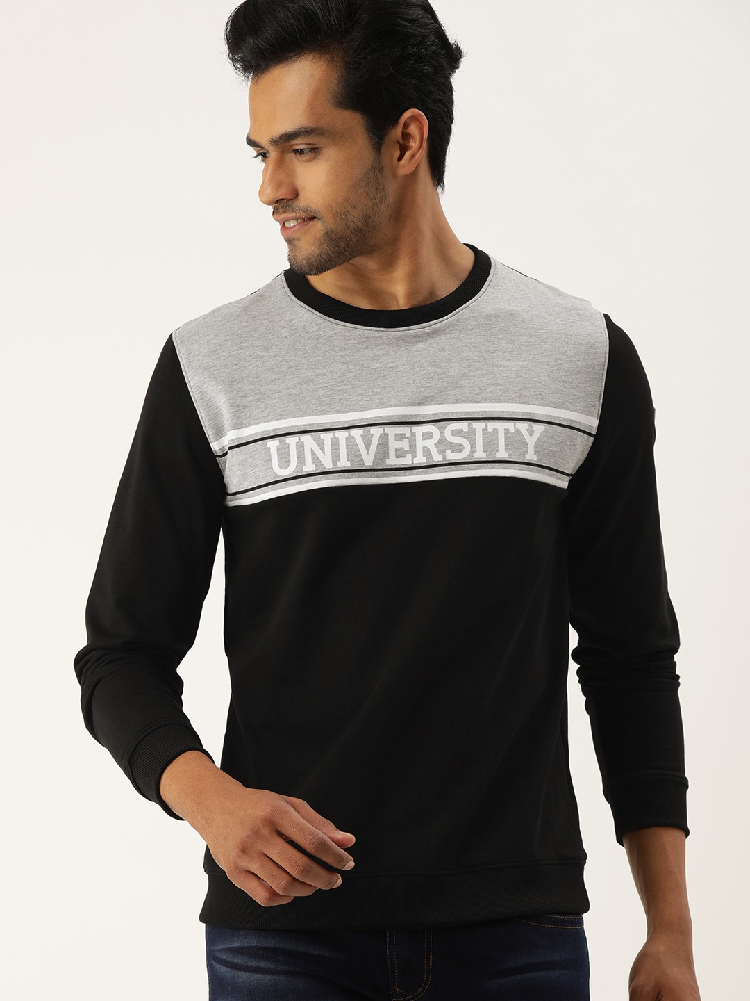 

PETER ENGLAND UNIVERSITY Men Black Super Slim Fit Printed Sweatshirt