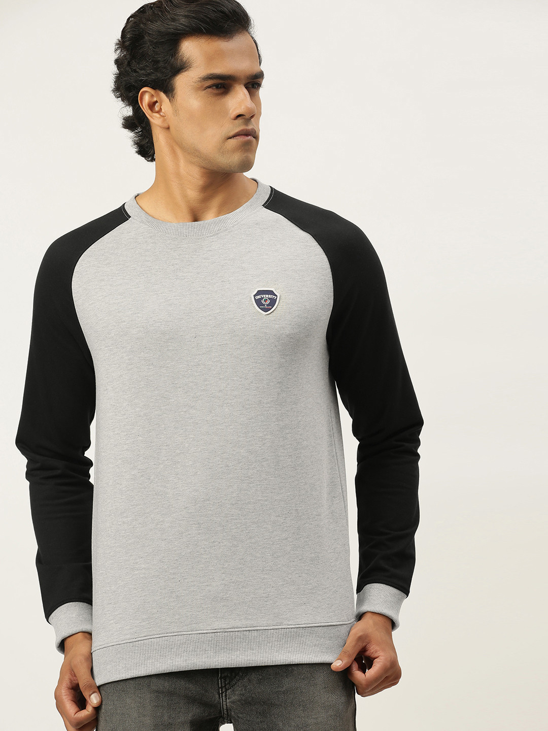 

PETER ENGLAND UNIVERSITY Men Grey Self-design Applique Sweatshirt