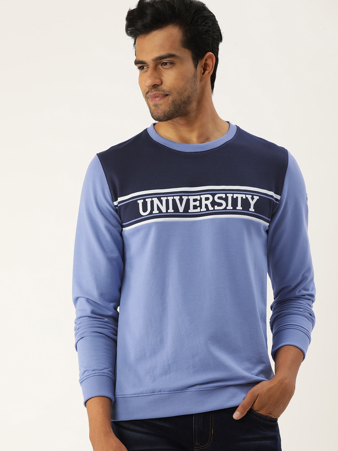 

PETER ENGLAND UNIVERSITY Men Blue Super Slim Fit Printed Sweatshirt