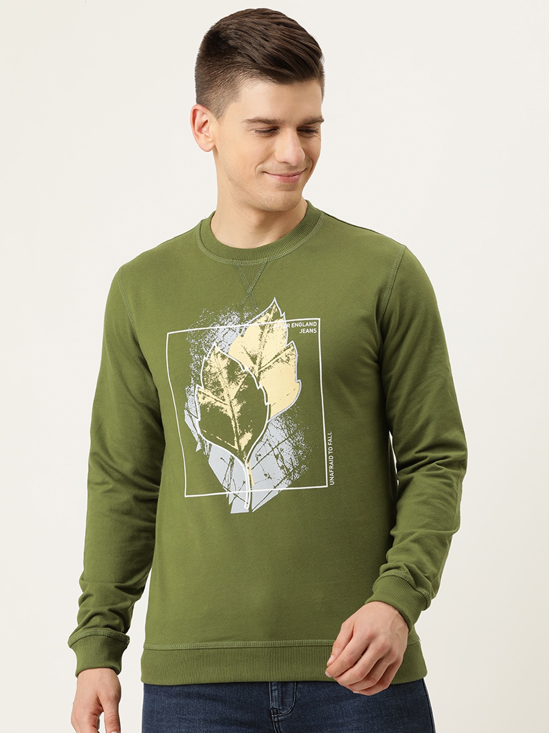 

Peter England Casuals Men Olive Green Printed Sweatshirt