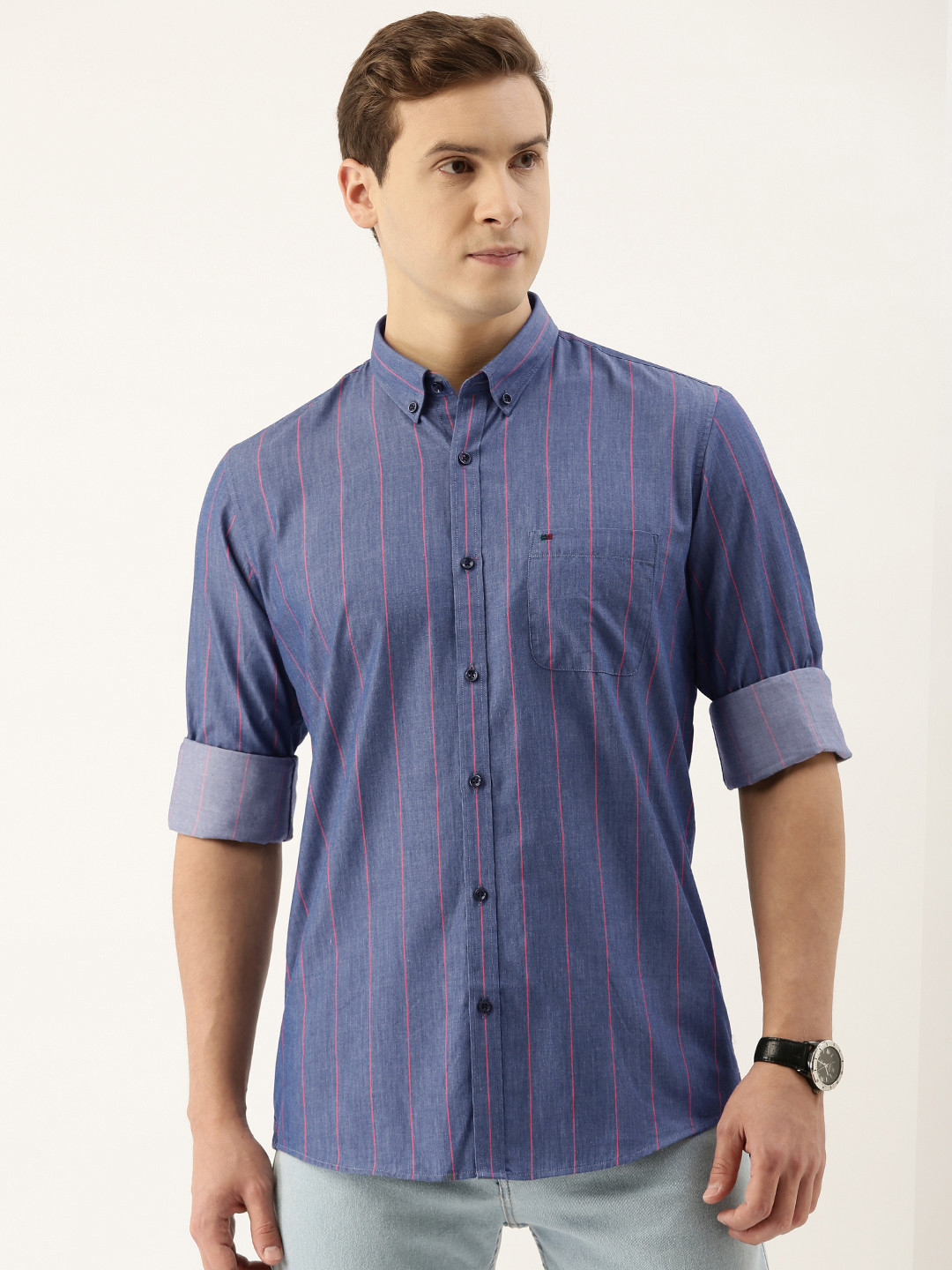 

Peter England Casuals Men Navy Blue Slim Fit Multi Stripes Striped Shirt