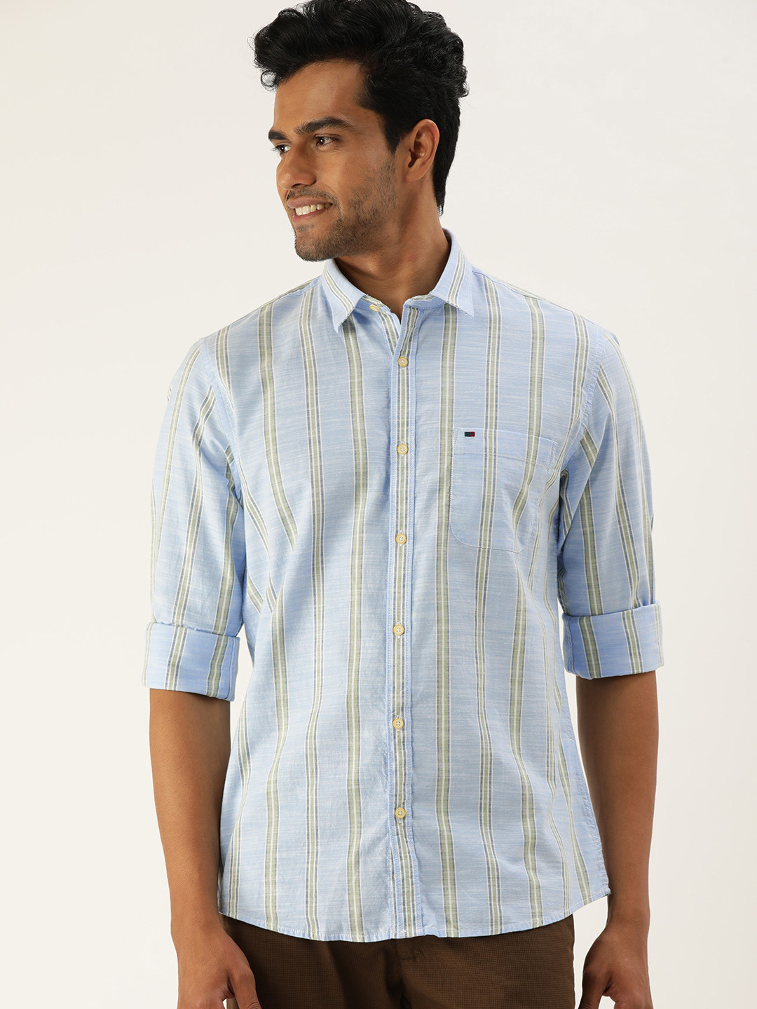 

Peter England Casuals Men Blue Pure Cotton Slim Fit Opaque Checked Casual Shirt