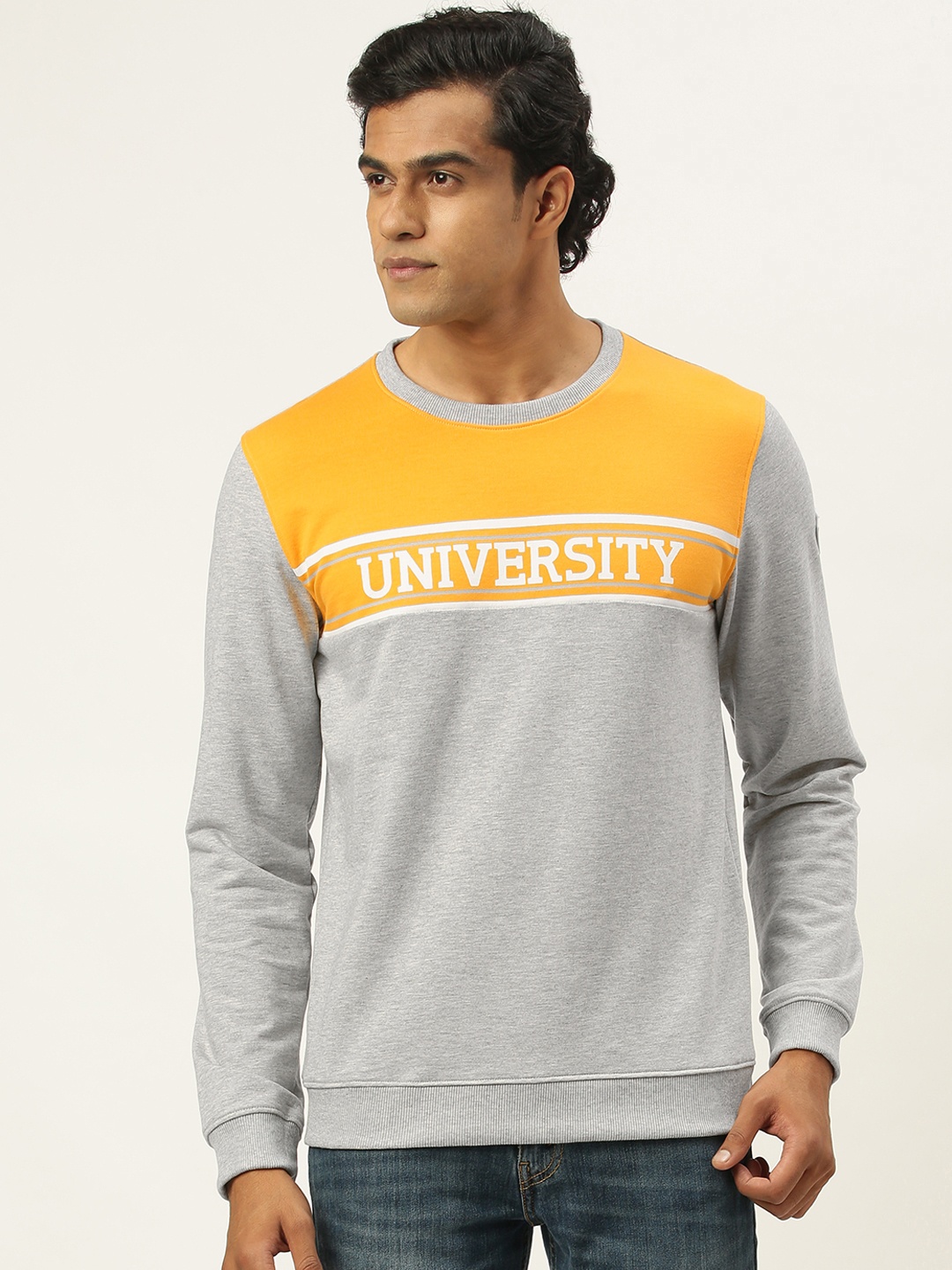 

PETER ENGLAND UNIVERSITY Men Grey Melange Super Slim Fit Colourblocked Sweatshirt