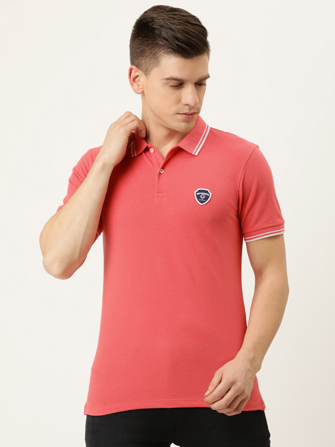 

PETER ENGLAND UNIVERSITY Men Pink Polo Collar Slim Fit T-shirt