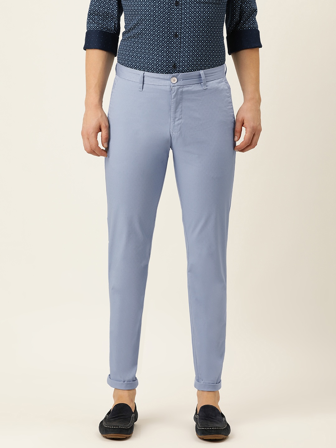 

Peter England Casuals Men Blue Self Design Slim Fit Trousers