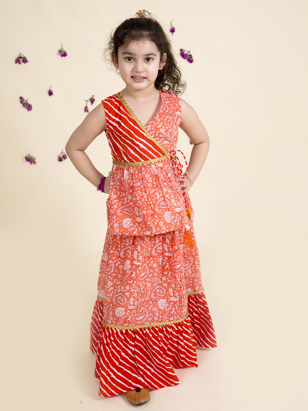 

pspeaches Girls Orange & White Printed Ready To Wear Lehenga Choli