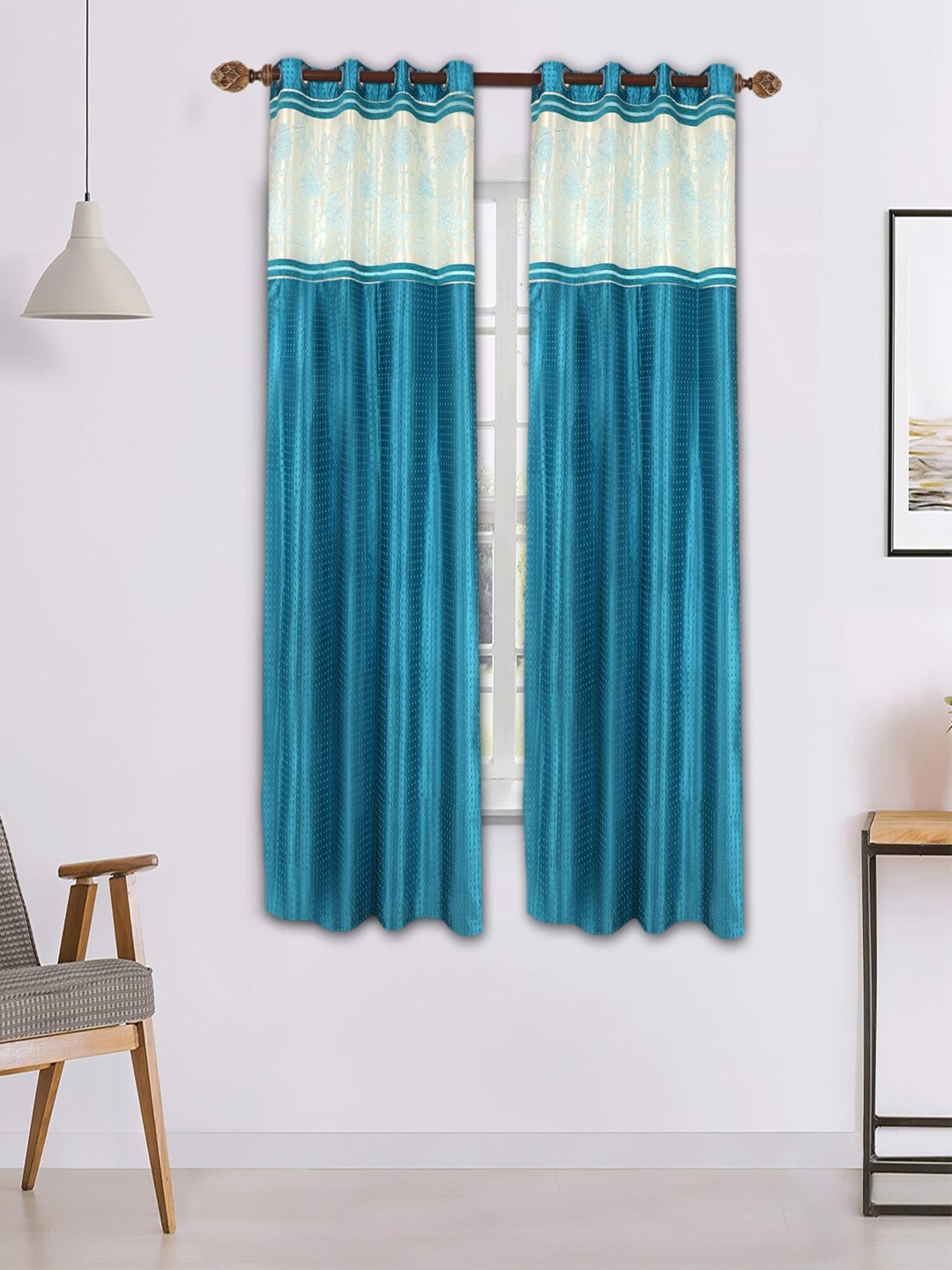 

MFD HOME FURNISHING Blue & White Set of 2 Black Out Door Curtain