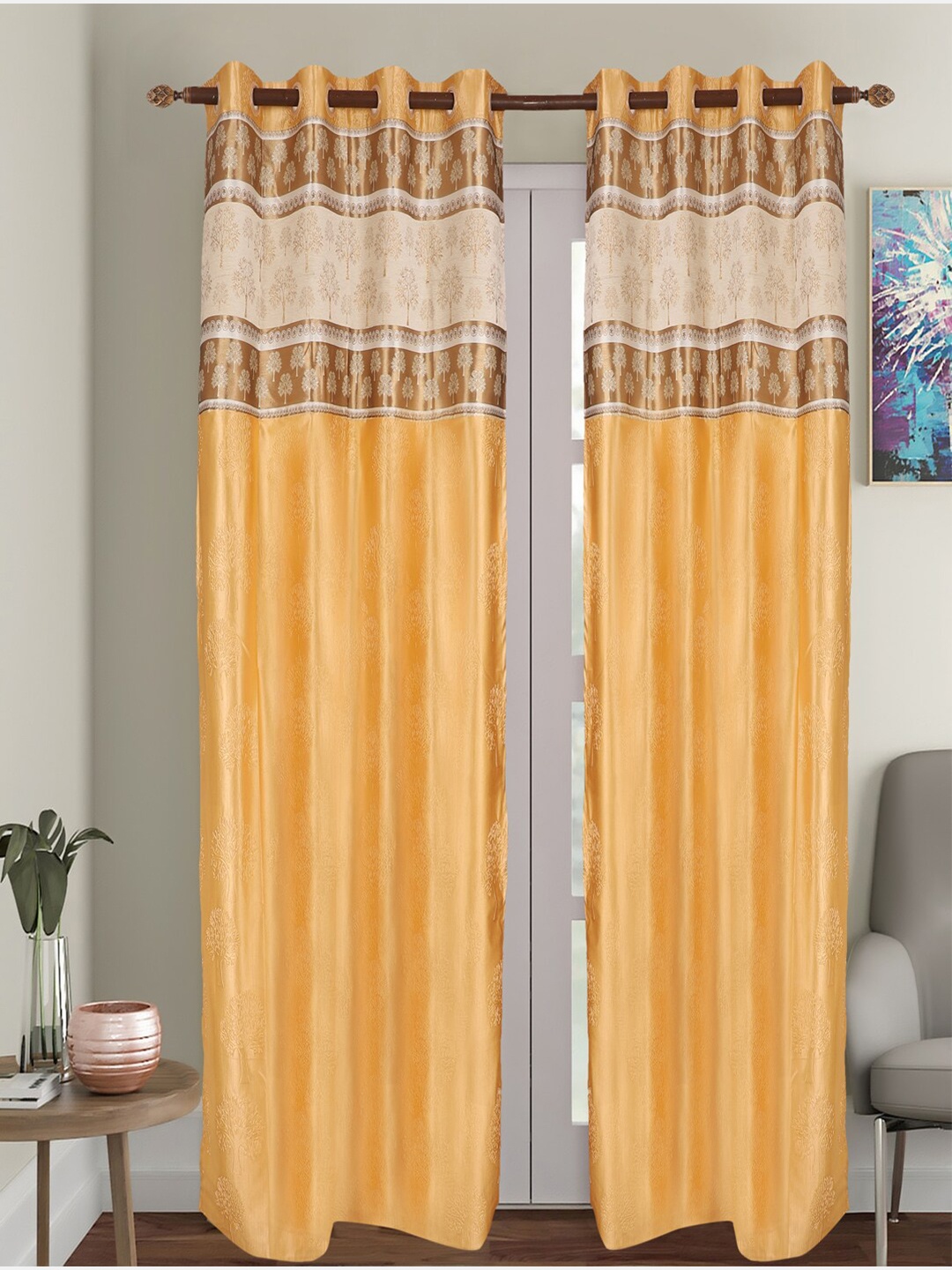 

MFD HOME FURNISHING Gold-Toned & Beige Set of 2 Black Out Door Curtain